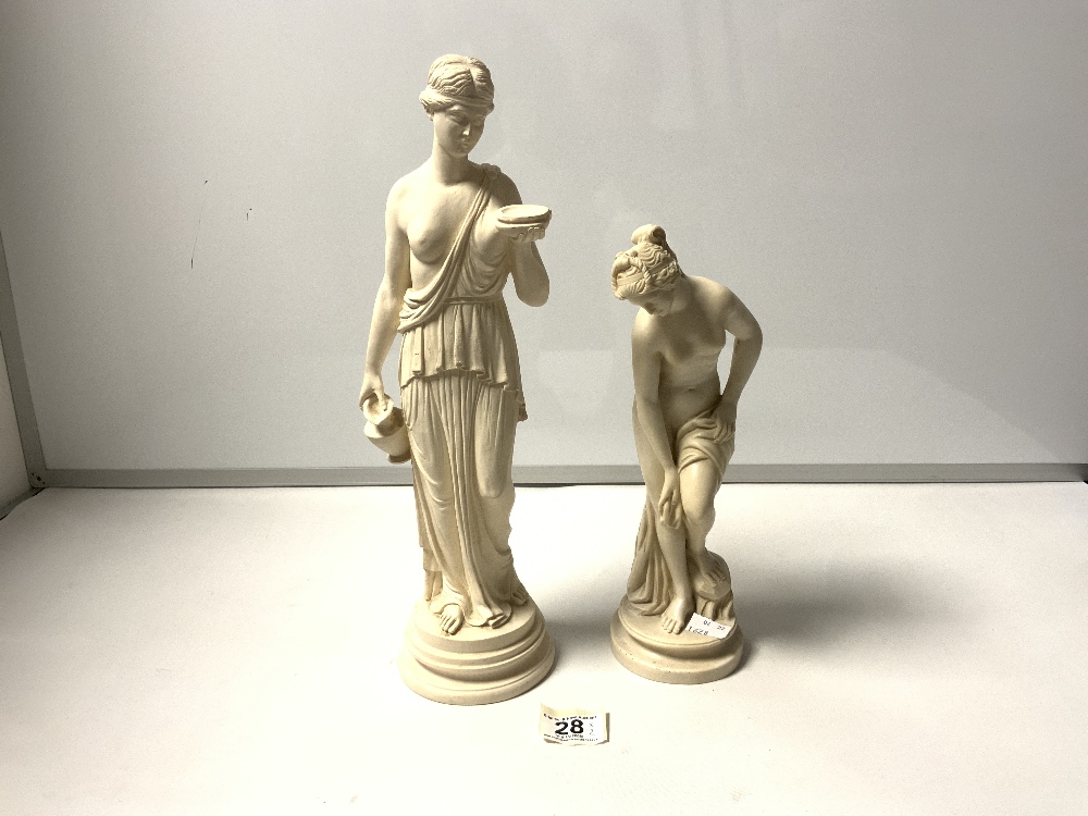 TWO RESIN FIGURES OF GODDESSES, 38CMS AND 28CMS