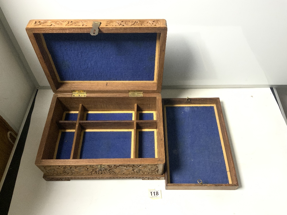 AN EARLY 20TH CENTURY HEAVILY CARVED EASTERN JEWEL BOX WITH TWO SECTIONS TO INTERIOR, 38 X 26 X - Image 3 of 3