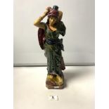 A 19TH CENTURY MAJOLICA POTTERY FIGURE - CONTINENTAL LADY IN A HEADDRESS - MARKED 4 1039 TO BASE,