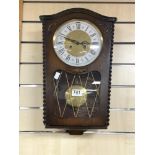 WOODEN CASED VINTAGE WEST GERMAN WALL CLOCK W/O WITH KEY AND PENDULUM