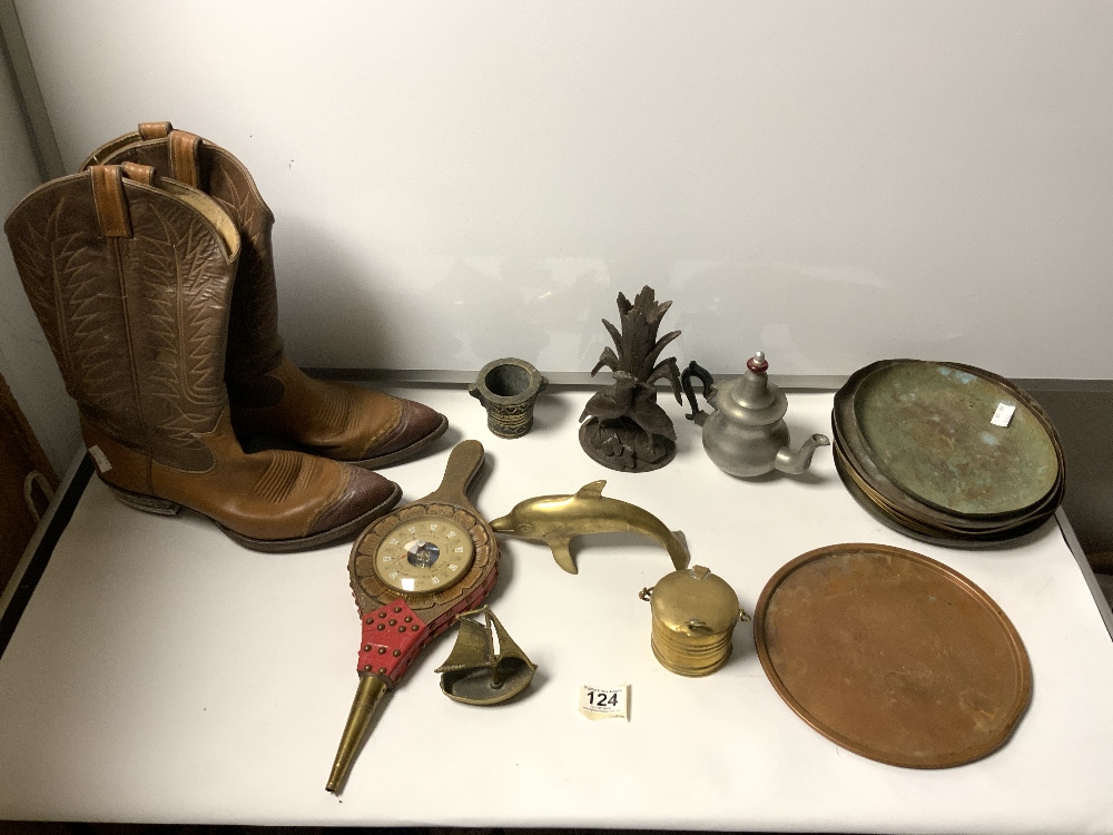 A QUANTITY OF WOODEN SHOE TREE'S, A PAIR OF COWBOY BOOTS, METAL WARE ETC - Image 6 of 12