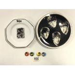 TWO BEATLES PORCELAIN PLATES AND FOUR BADGES