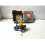 A VINTAGE WIND-UP CYCLING DUCK IN ORIGINAL BOX, MADE IN JAPAN