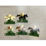FIVE VINTAGE PAINTED WOODEN CUT-OUT HORSE AND A JOCKEY, FAIRGROUND TOY GAME