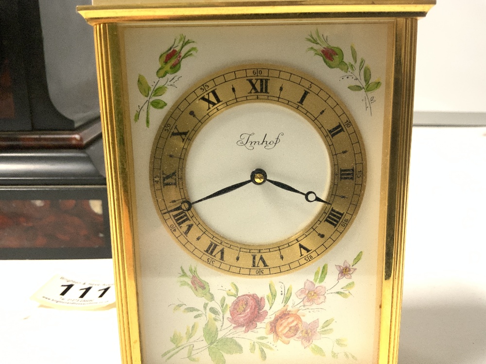 A VICTORIAN BLACK AND RED MARBLE MANTLE CLOCK AND A IMHOFF FLORAL DECORATED CARRIAGE CLOCK - Image 2 of 12