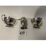 ART DECO HALLMARKED SILVER THREE PIECE CONDIMENT SET BY MAPPIN AND WEBB, TOTAL WEIGHT, 328 GRAMS