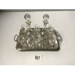 A SILVER-PLATED CG & CO, LIQUEUR SET WITH TWO SMALL DECANTERS AND SIX GLASSES, 30 X 20