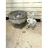 VINTAGE CONCRETE PLANTER ON PEDESTAL BASE, 41CMS DIAMETER WITH A CONCRETE RABBIT FIGURE, 38CMS