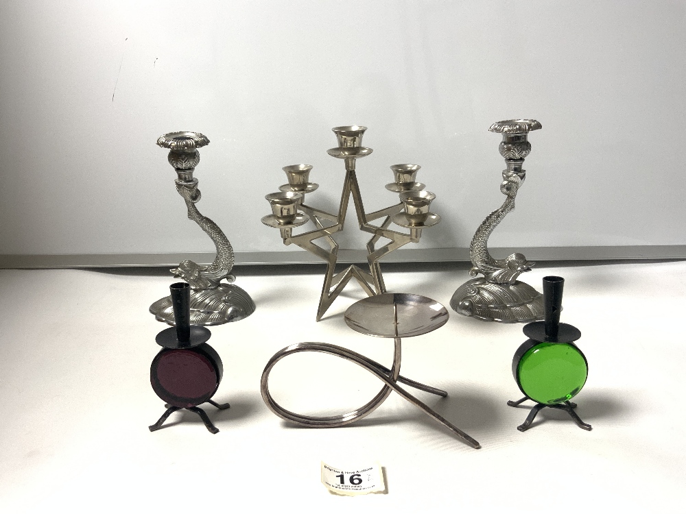 A SILVER-PLATED STAR OF DAVID FIVE BRANCH CANDLESTICK, 20CMS, A PAIR OF SEA SERPENT CANDLESTICK - Image 2 of 6