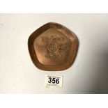 HEAVY COPPER PIN TRAY TEACHERS WHISKY BY HENRY JENKINS & SONS FOR TEACHERS, 12CMS