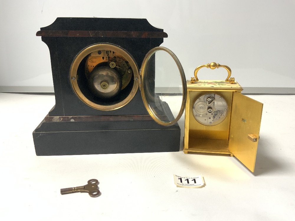 A VICTORIAN BLACK AND RED MARBLE MANTLE CLOCK AND A IMHOFF FLORAL DECORATED CARRIAGE CLOCK - Image 6 of 12