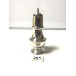 A HEAVY HALLMARKED SILVER BALUSTER SUGAR SIFTER - SHEFFIELD 1996, MAKER - C.J VANDER LTD, 18CMS, 272