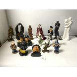 A RESIN SCULPTOR AFTER HENRY MOORE, 24CMS WOODEN BUDDHA CERAMIC COPS AND ROBBERS SALT AND PEPPER AND