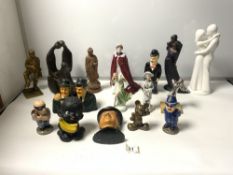 A RESIN SCULPTOR AFTER HENRY MOORE, 24CMS WOODEN BUDDHA CERAMIC COPS AND ROBBERS SALT AND PEPPER AND