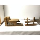 A VINTAGE WOODEN BENCH VICE AND ANOTHER