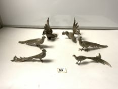 TWO PAIRS OF WHITE METAL PHEASANT FIGURES AND A PAIR OF WHITE METAL FIGHTING COCKERALS