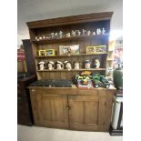 AN ANTIQUE PINE TWO DOOR DRESSER WITH TOP RACK, 158 X 50 X 216CMS