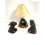 THREE MODERN OWL ORNAMENTS ONE OF WHICH IS A TABLE LAMP, THE TALLEST 26CMS