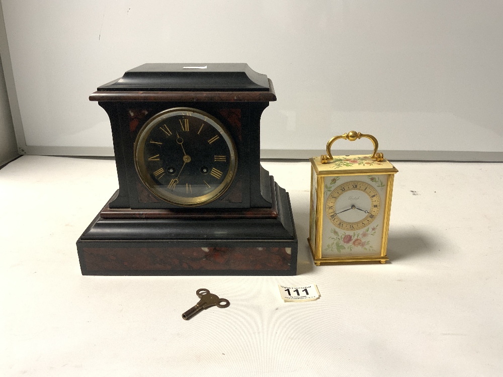 A VICTORIAN BLACK AND RED MARBLE MANTLE CLOCK AND A IMHOFF FLORAL DECORATED CARRIAGE CLOCK
