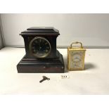 A VICTORIAN BLACK AND RED MARBLE MANTLE CLOCK AND A IMHOFF FLORAL DECORATED CARRIAGE CLOCK