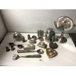 A SILVER-PLATED PURSE, A PAIR OF WHITE METAL SALAD SERVERS, A MAKE-UP MIRROR ETC