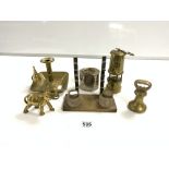 A BRONZE INK/PEN STAND, A BRASS MINERS BY LAMP AND LIMELIGHT COMPANY - HOCKLEY PLATED ENGLISH
