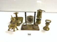 A BRONZE INK/PEN STAND, A BRASS MINERS BY LAMP AND LIMELIGHT COMPANY - HOCKLEY PLATED ENGLISH
