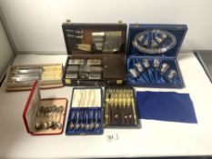 A GENTS VANITY SET IN CASE, A TOASTING SET IN CASE AND FOUR SETS OF CASED CUTLERY