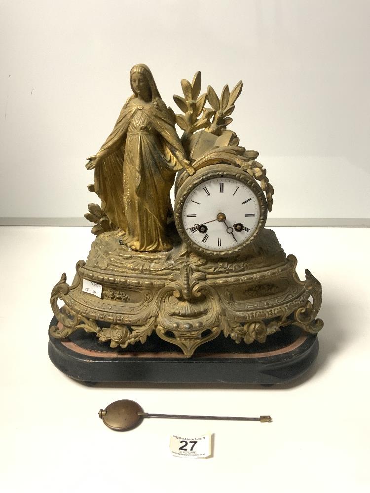 A FRENCH SPELTER RELIGIOUS FIGURAL MANTLE CLOCK ON BASE - MAKER VAUCEU LOUIS A/F, 26CMS