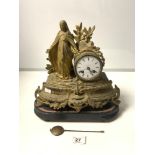 A FRENCH SPELTER RELIGIOUS FIGURAL MANTLE CLOCK ON BASE - MAKER VAUCEU LOUIS A/F, 26CMS