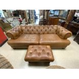 BROWN LEATHER THREE SEATER CHESTERFIELD FROM LAURA ASHLEY, COMES WITH MATCHING FOOT STOOL