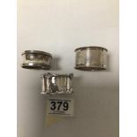 THREE VARIOUS HALLMARKED SILVER NAPKIN RINGS, 43 GRAMS