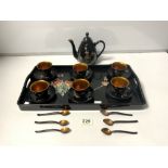 JAPANESE 20TH CENTURY BLACK AND FLORAL LACQUERED SIX SETTING TEA SET ON TRAY