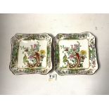 COPELAND SPODE FOR WARING AND GILLOW, TWO CERAMIC EXOTIC BIRD DECORATED SQUARE PLATES, 21CMS