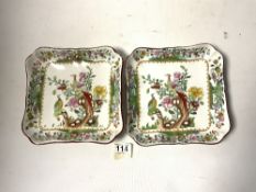 COPELAND SPODE FOR WARING AND GILLOW, TWO CERAMIC EXOTIC BIRD DECORATED SQUARE PLATES, 21CMS
