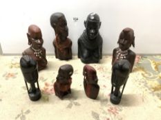 EIGHT AFRICAN CARVED HARDWOOD BUSTS, THE LARGEST 31CMS