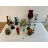 STUDIO GLASSWARE - INCLUDES BROWN HOLMEGAARD VASE, 11CM, SWEDISH GLASS CHAMPAGNE FLUTE BY