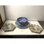 A PAIR OF 20TH CENTURY HEXAGONAL CANTON WALL PLATES - 28CMS, A CHINESE BLUE AND WHITE CHARGER WITH