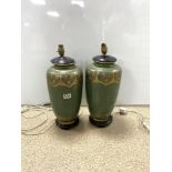 A PAIR OF GREEN AND GOLD CERAMIC VASE TABLE LAMPS ON WOODEN BASES, 40CMS