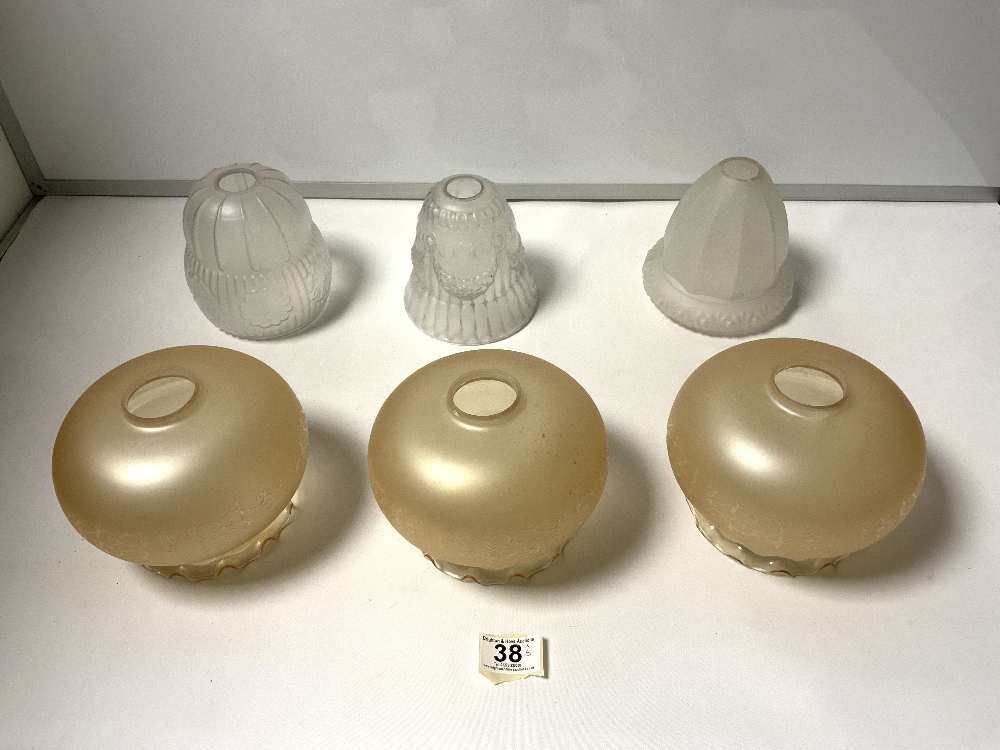 THREE VINTAGE FROSTED GLASS LAMP SHADES AND THREE MATCHING GOLD GLASS SHADES