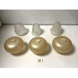 THREE VINTAGE FROSTED GLASS LAMP SHADES AND THREE MATCHING GOLD GLASS SHADES