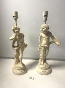 A PAIR OF EARLY 20TH CENTURY PLASTER NYMPH LAMPS, 40CMS