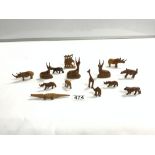 FIFTEEN SMALL CARVED TEAK FIGURES OF ANIMALS