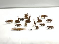 FIFTEEN SMALL CARVED TEAK FIGURES OF ANIMALS
