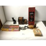 BOX SET JUNIOR PLAYABLE BAGPIPES, A CARVED BOX CIGARETTE DISPENSER, A MODEL OF A CAT ETC