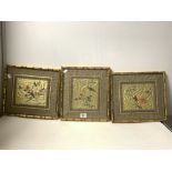 SET OF THREE CHINESE SILKS EMBROIDERED PANELS OF BIRDS AND FLOWERS, 23 X 20CMS