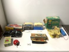 A MINISTER DELUX MECHANICAL TIN-PLATE TOY CAR IN BOX, A PENGUIN CLOCKWORK TUGBOAT 'ANNIE' AND