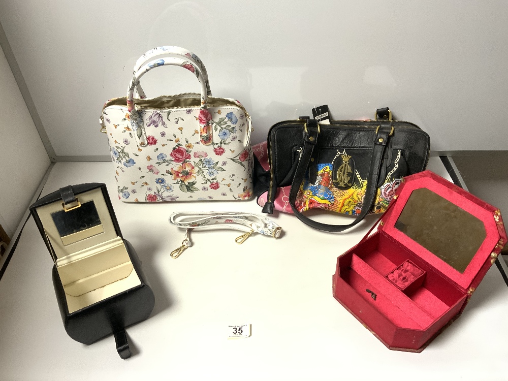 THREE VARIOUS HANDBAGS 'BORSE IN PELLE' MAKER AND A SILK JEWEL BOX