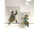 A PAIR OF 20TH CENTURY CHINESE POTTERY FIGURES OF FIGHTING WARRIORS - MOUNTED, 22 AND 18CMS