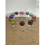 WMF - A SET OF TWELVE CRYSTAL COLOURED HOCK GLASSES - WITH ETCHED MARK TO BASES, 21CMS